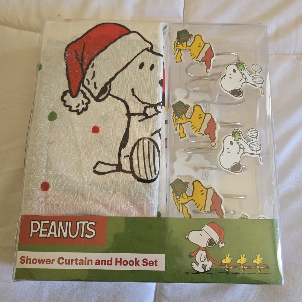 Peanuts Holiday Shower Curtain and Hook Set - Red, Green, White